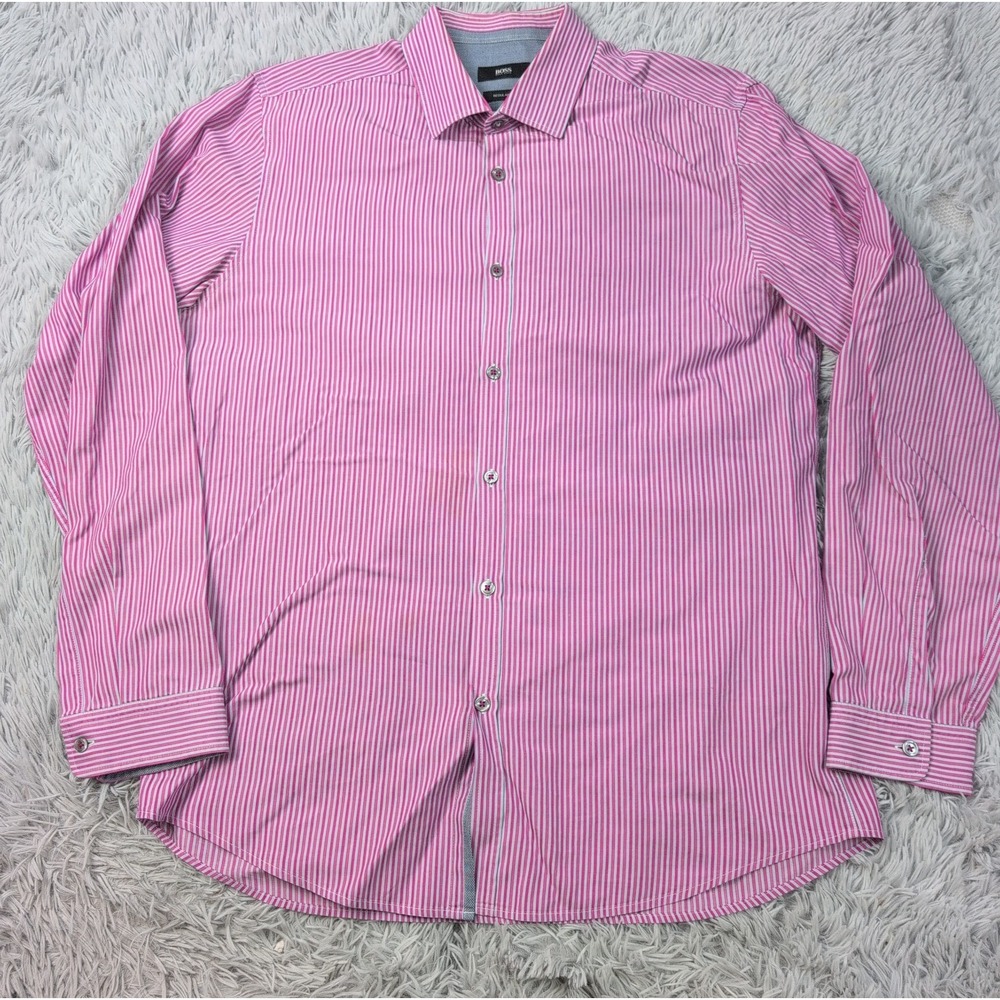 Hugo Boss Shirt Mens L Pink Striped Button Up Career Preppy Cotton
